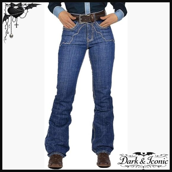 High Waist Bootcut Jeans Vintage Stitch Detail Stretch Denim Pants